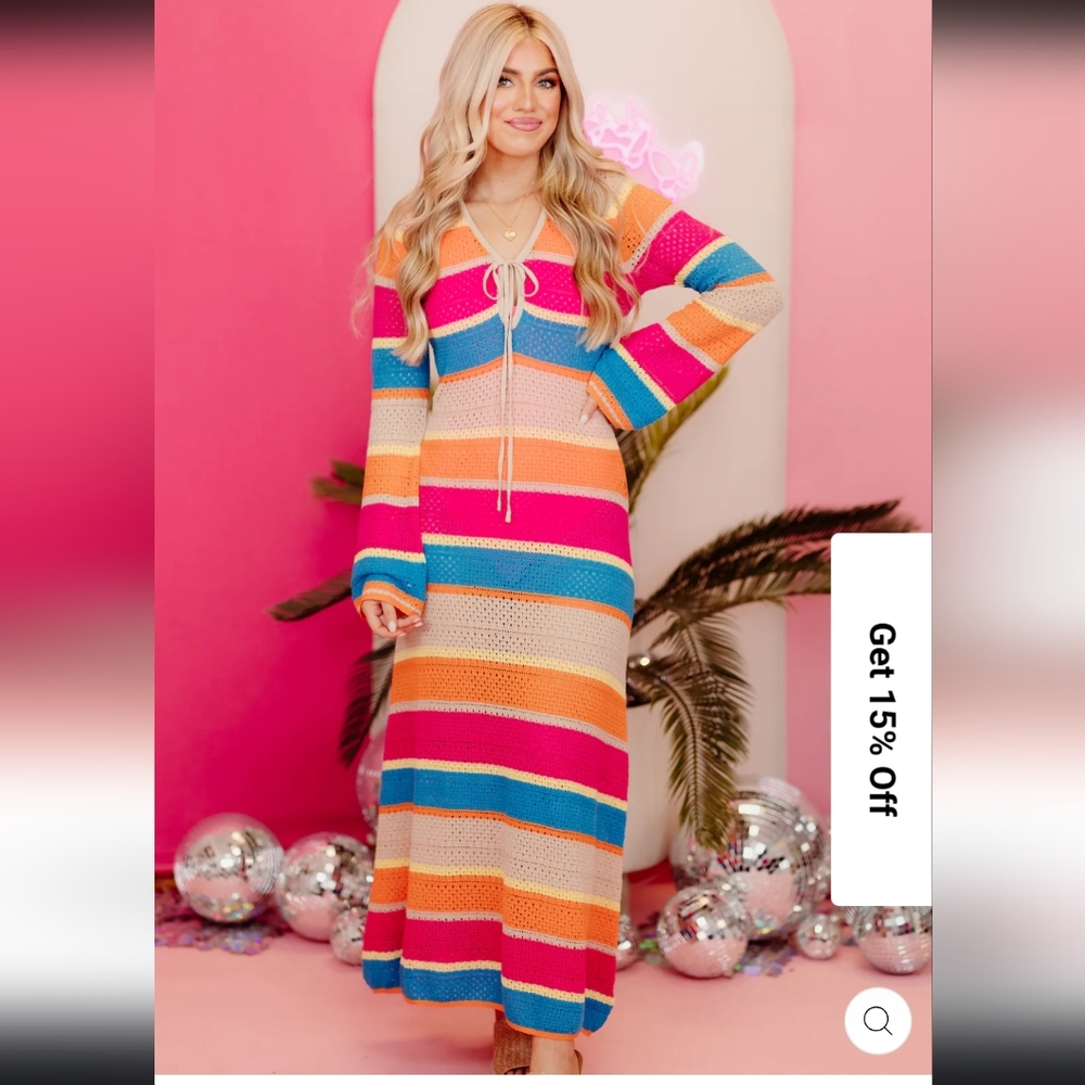 FATE | Bright Multicolored Striped V-neck Crochet Maxi Dress - size S